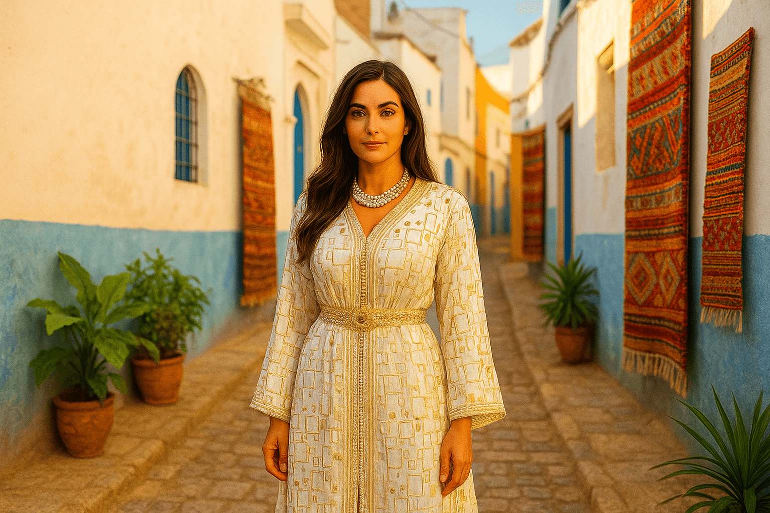 Une femme porte un somptueux caftan marocain dans une ruelle au Maroc. 