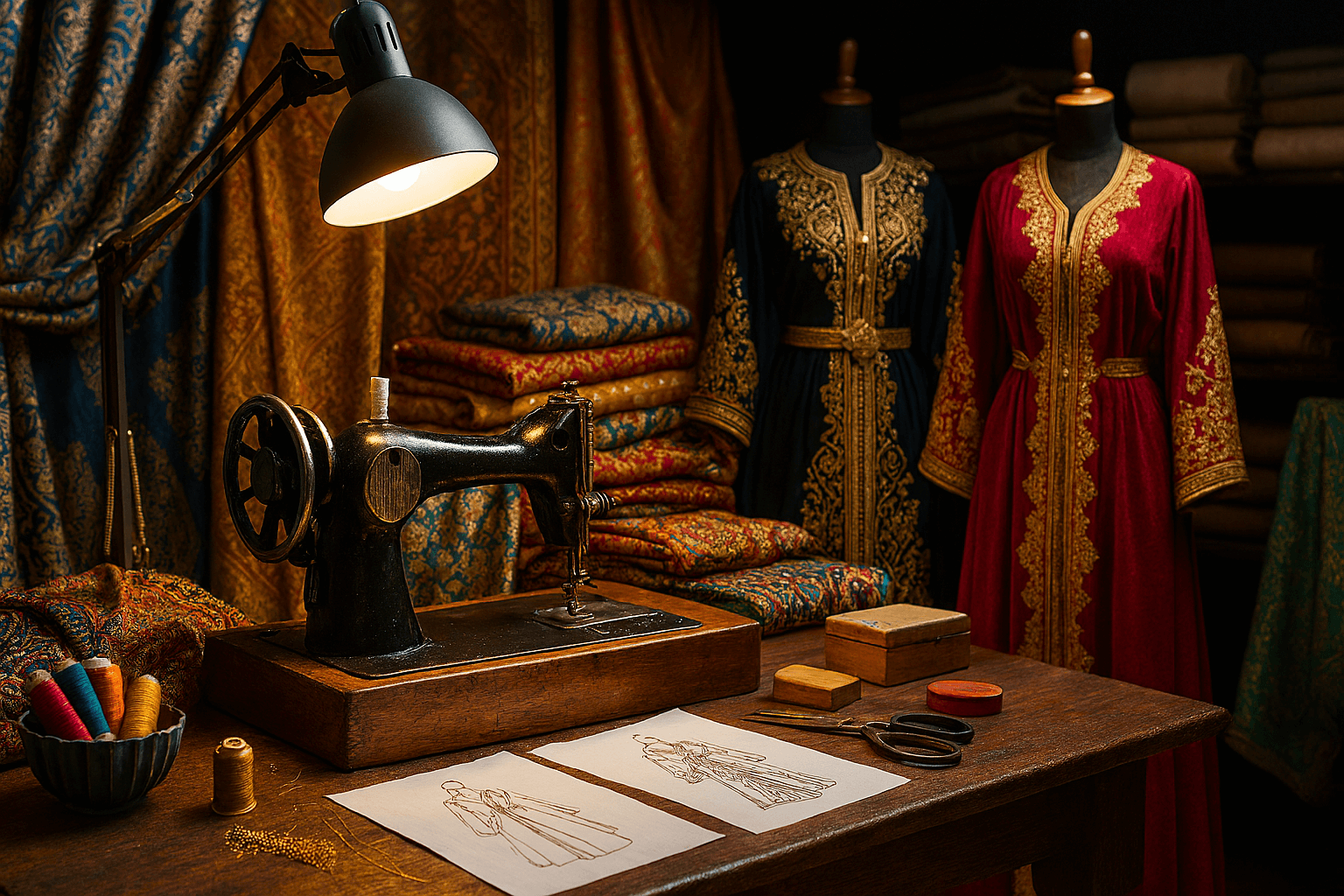 Atelier de couture marocain où l'on apprend à confectionner un caftan. Majestia, location de robes orientales à Clichy (92).