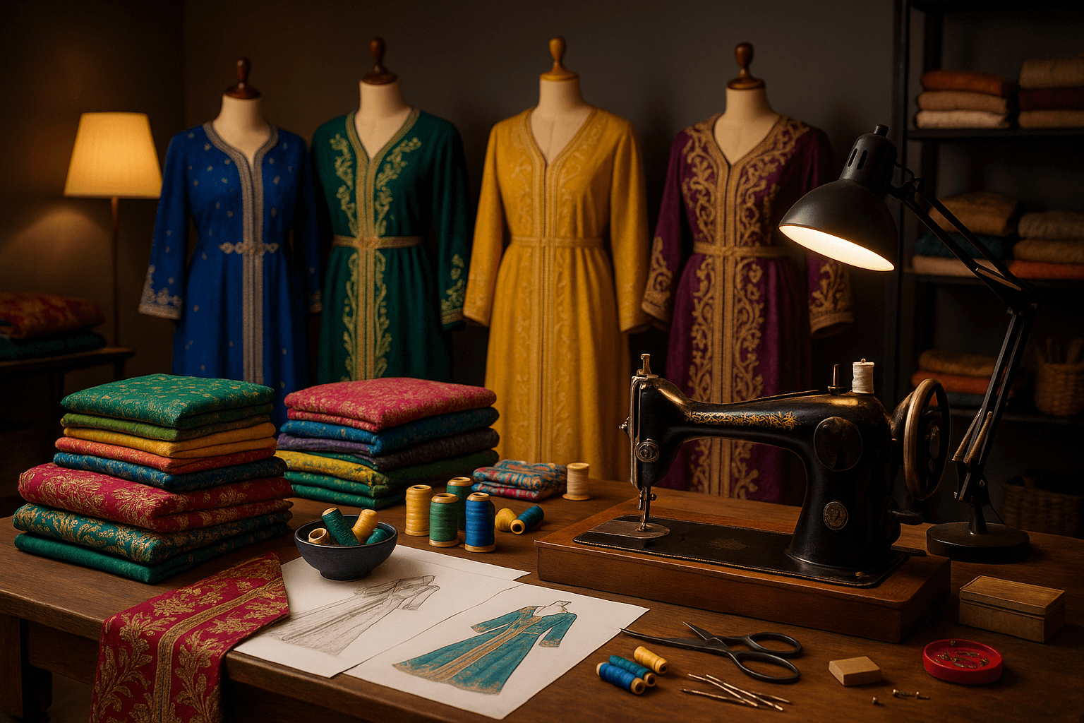 Atelier de couture marocain où l'on apprend à confectionner un caftan. Majestia, location de robes orientales à Clichy (92).