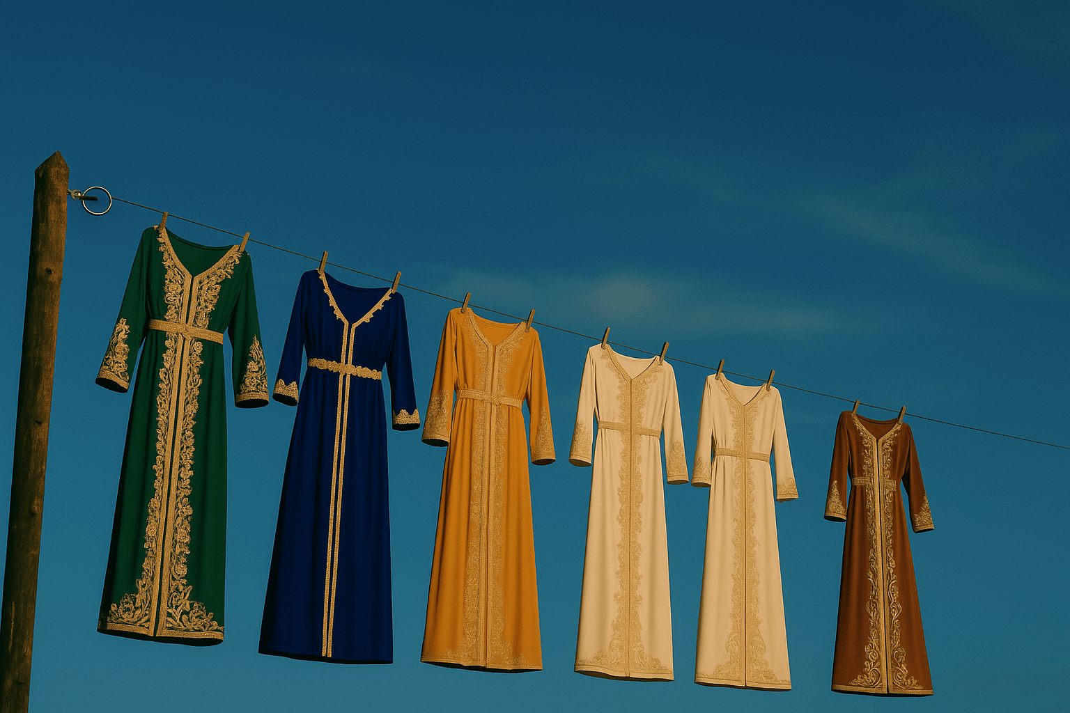 6 caftans marocains sèchent sur une corde à linge en plein soleil, savoir entretenir sa robe orientale est primordiale si l'on souhaite rallonger la vie de son vêtement. 