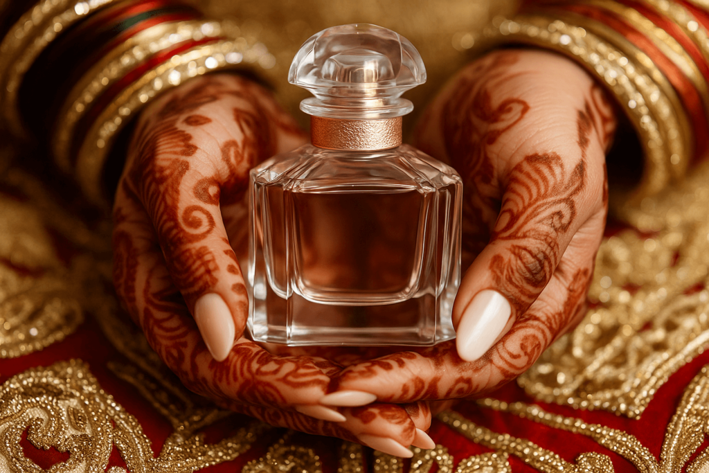 Une femme tient un parfum pour un mariage marocain entre ses mains décorée de hénné. Ce produit est en vente sur le site Majestia, spécialiste de la location de caftan marocain.