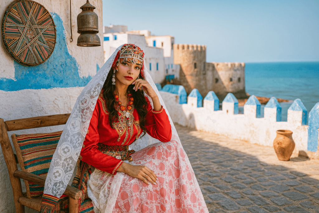 Une femme portant une robe berbère marocaine se tient assise dans la ville de Assilah au Maroc.