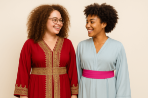 2 femmes en tenue orientale se regardent en souriant, se demandant quelle est la différence entre caftan et takchita mais elles ne savent pas.