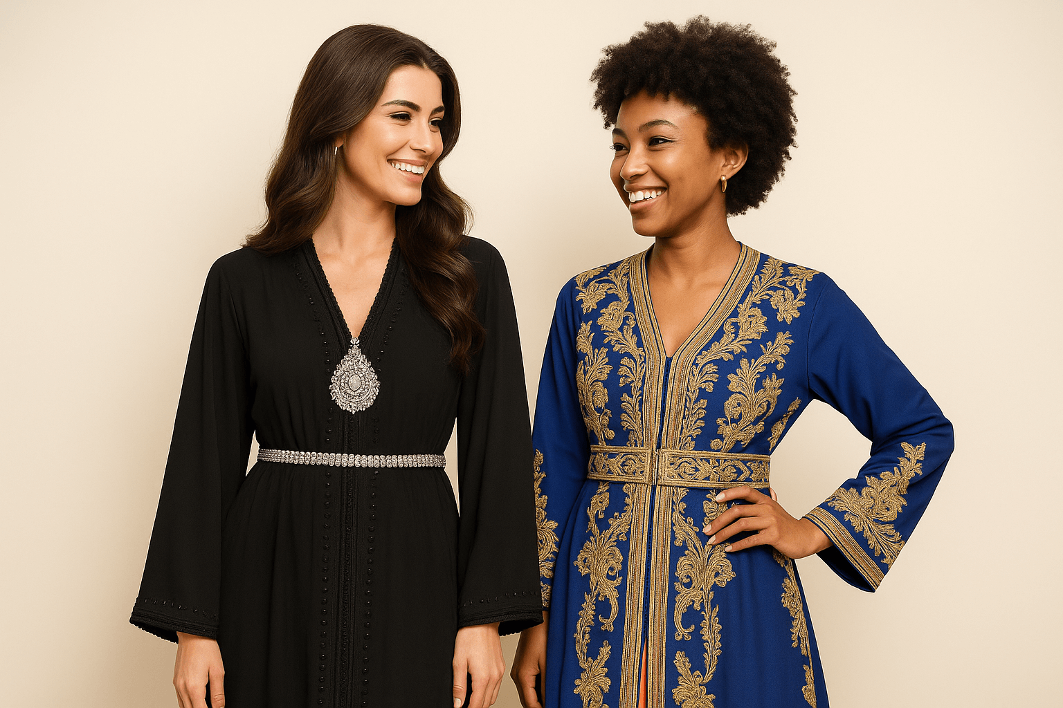 2 femmes en tenue orientale se regardent en souriant, se demandant quelle est la différence entre caftan et takchita mais elles ne savent pas.