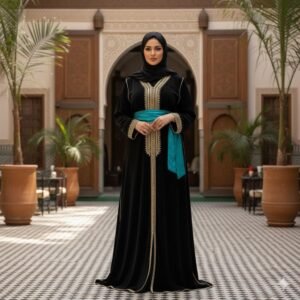 Tackhita noire des chez Majestia, site de location de caftan et takchita à Clichy. Louer un caftan n'a jamais été aussi plaisant !