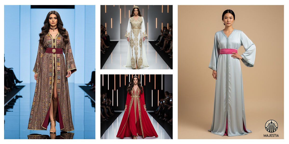Lookbook du site Majestia présentant plusieurs femmes en caftan et tackhita.