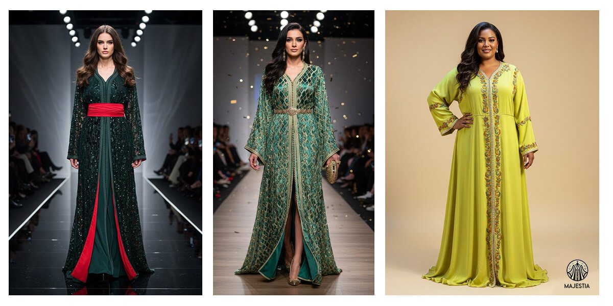 Lookbook du site Majestia présentant plusieurs femmes en caftan et tackhita.