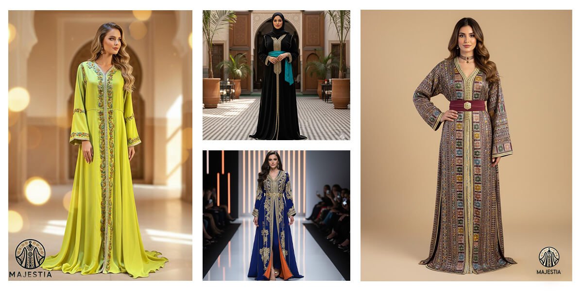 Lookbook du site Majestia présentant plusieurs femmes en caftan et tackhita.