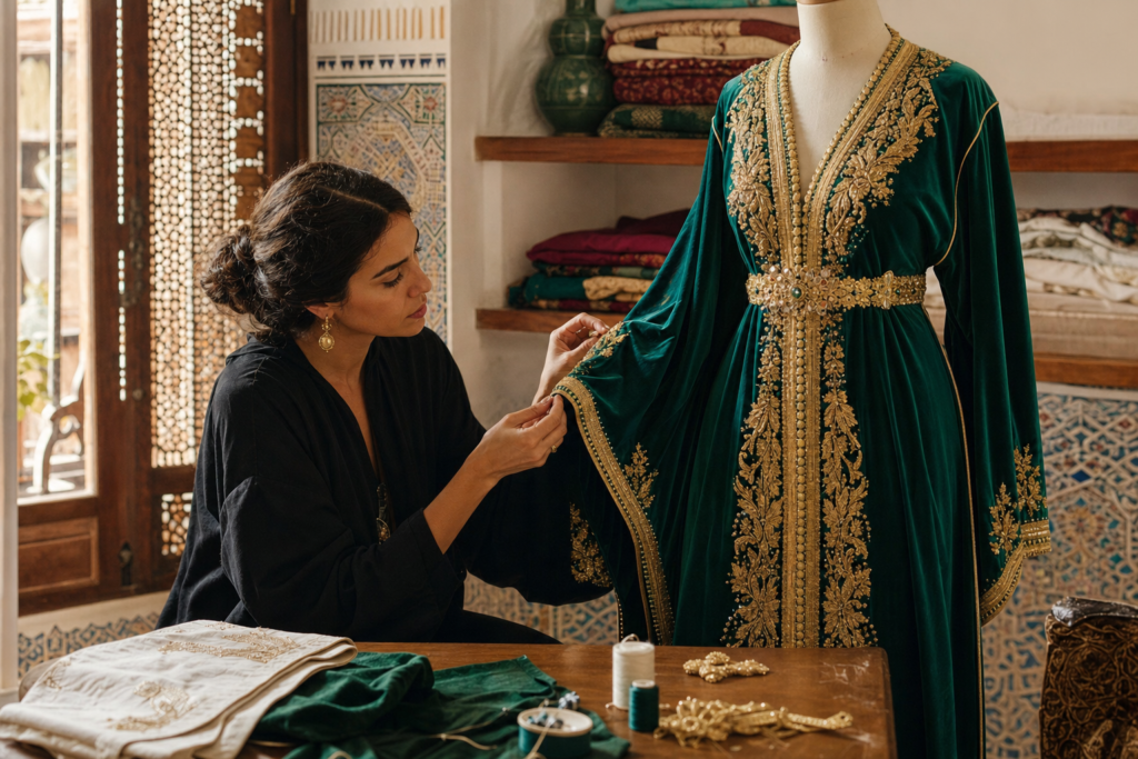 entretenir sa robe orientale : une femme entretient une robe verte brodée dans un atelier marocain raffiné
