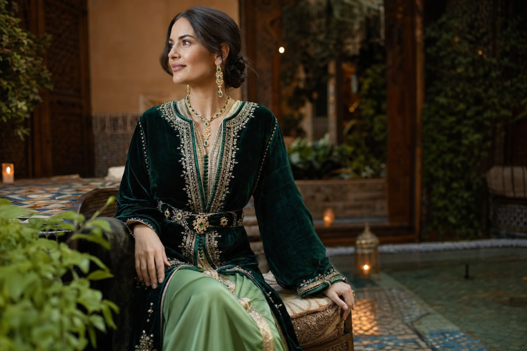 caftan hiver dans une salle de mariage chaleureuse, en bordeaux et bleu nuit, avec lumière douce et détails dorés