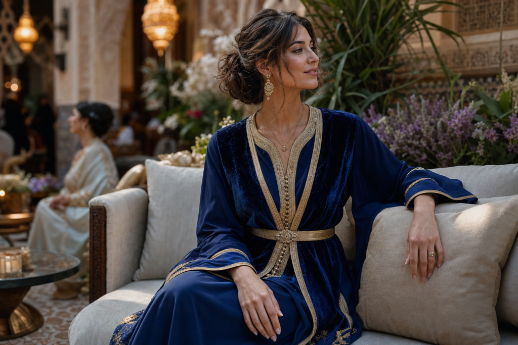 caftan invitée mariage en bleu nuit avec sfifa dorée, ceinture fine et décor raffiné de réception marocaine