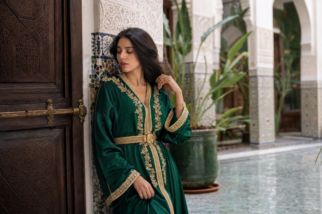 caftan moderne porté dans une ambiance de mariage avec broderies fines et lumière dorée