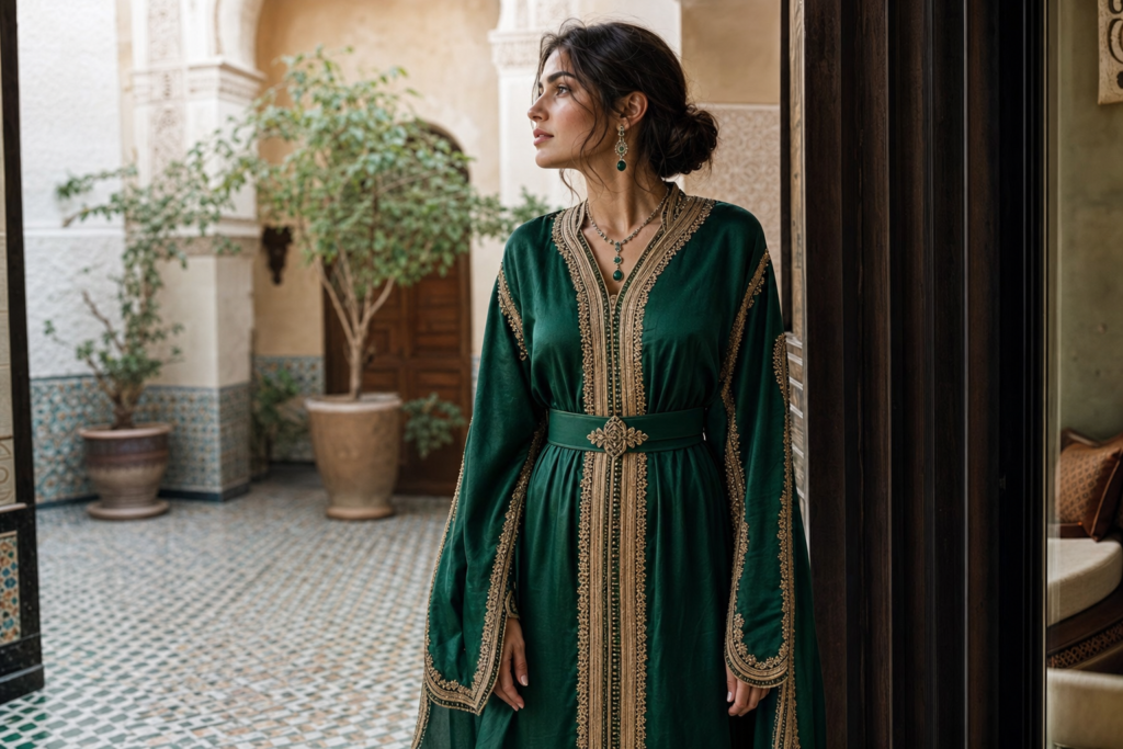 porter un caftan : femme en caftan vert brodé dans un riad marocain élégant