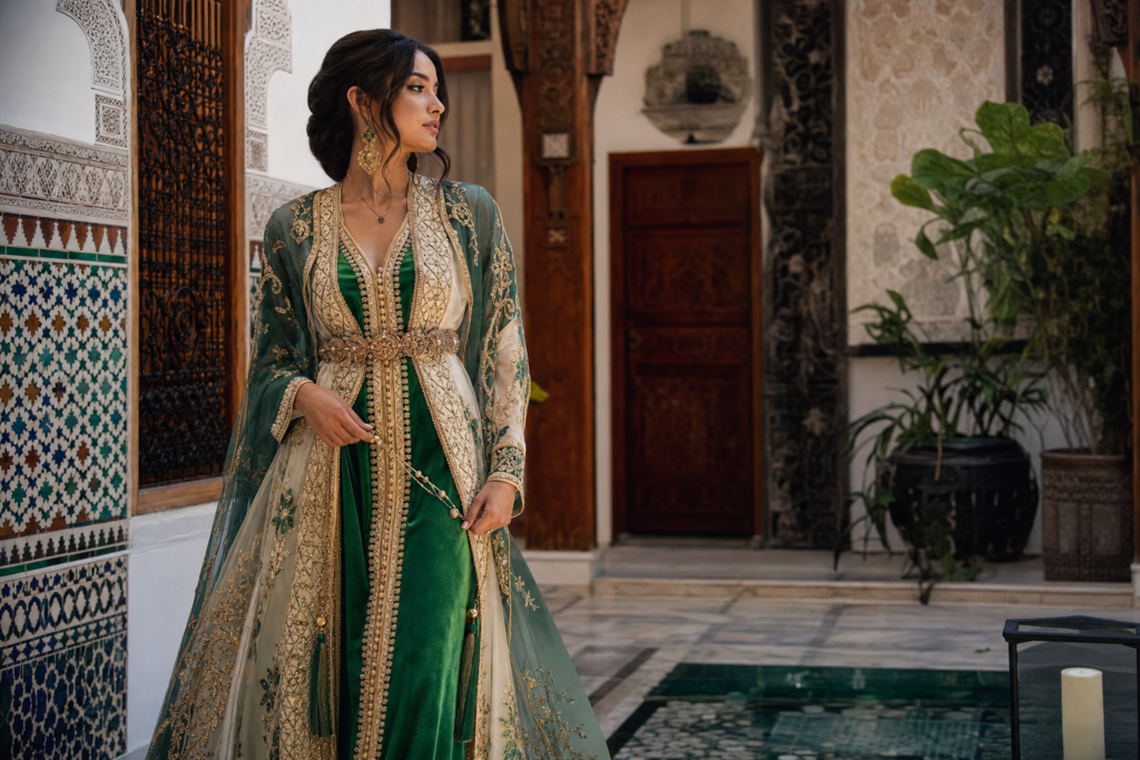 caftan et takchita : une femme porte une takchita verte brodée dans un riad aux zelliges