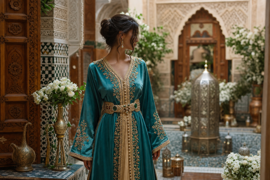 louer un caftan pour un mariage, élégante femme en caftan brodé dans un riad marocain