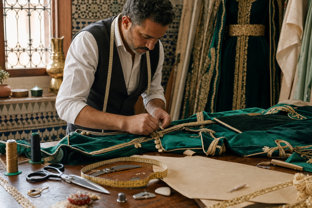 outils couturier caftan : atelier marocain avec ciseaux, mètre et caftan en soie brodé