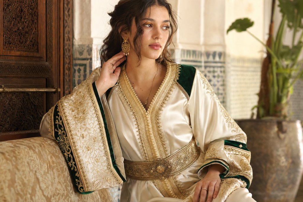 caftan marocain en soie, brocart et velours, porté dans un riad marocain raffiné
