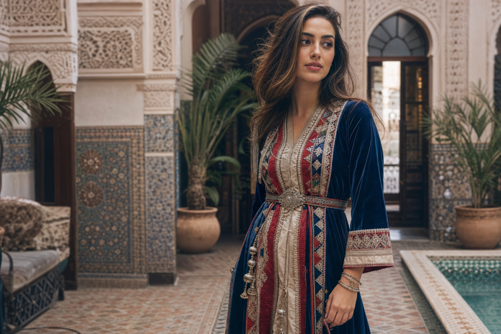 robe berbère marocaine portée dans un riad marocain, avec broderies artisanales et motifs amazighs