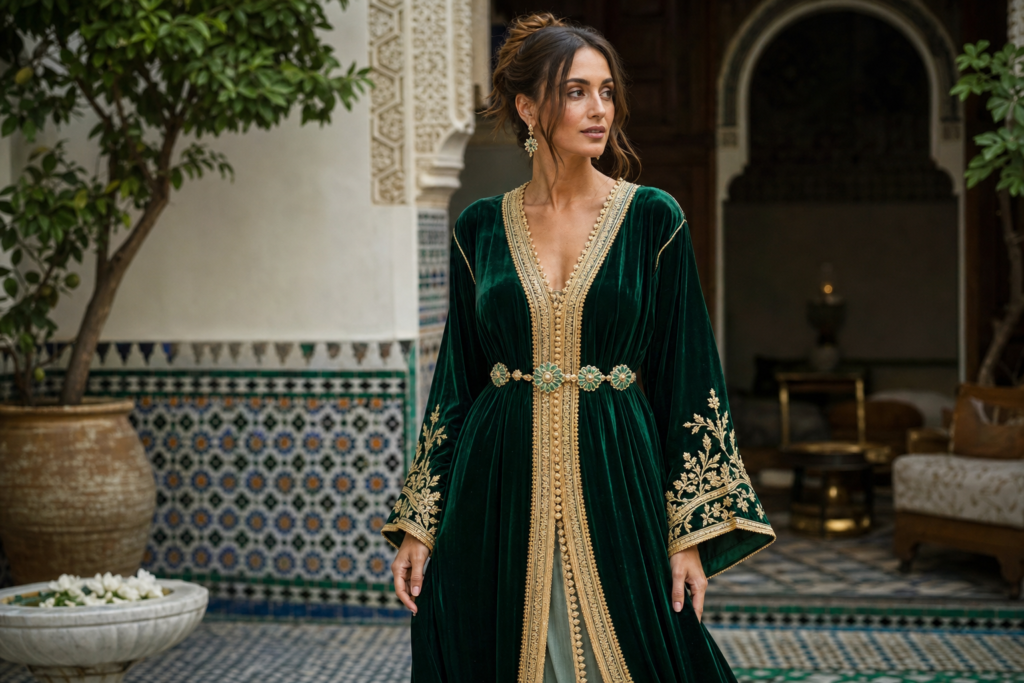 caftan marocain en velours vert brodé d’or, porté dans un riad aux zelliges colorés