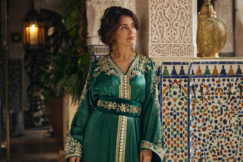 caftans marocains : une femme porte un caftan vert brodé d’or dans un riad raffiné