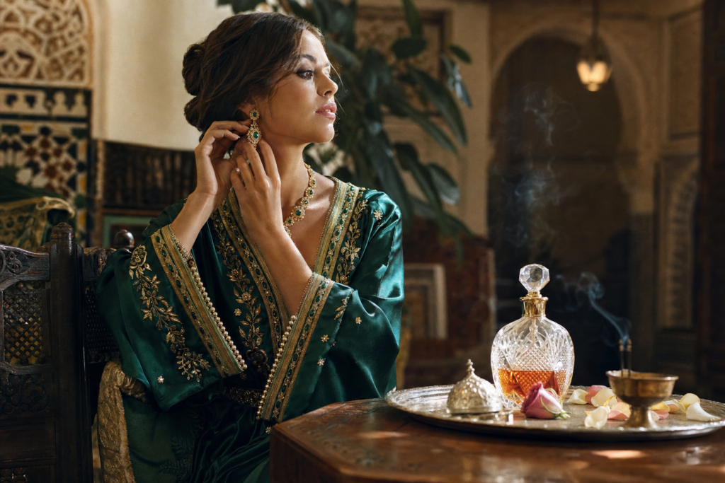parfum mariage marocain : femme en caftan vert, flacon raffiné, décor de riad et zellige